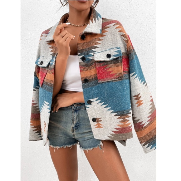 Aztec, Tribal, Geometric print Button Up Front, Pocket Detailed Jacket - Picture 2 of 6